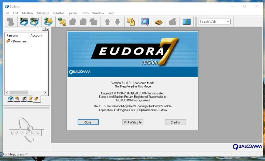 Eudora 7 for Windows, its About window showing version 7.1.0.9 in Sponsored Mode and the Qualcomm copyright, 1991–2006